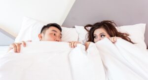 happy valentines day, couple, lying, bed, sleeping, honeymoon, rest, relaxation, happiness, wife, husband, woman, man, relationship, together, love, romance, asian, lifestyle, home, comfortable, bedroom, morning, portrait